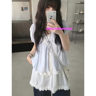 上衣女 eihey诶嘿韩系夏季 甜美荷叶边蕾丝泡泡袖 宽松系带短袖 衬衫