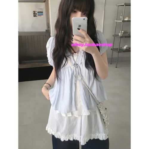 泡泡袖宽松系带短袖衬衫上衣女