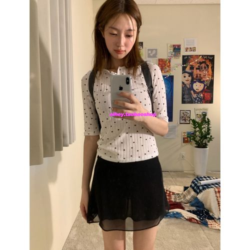 eihey诶嘿2025秋季百搭舒适波点修身显瘦polo五分袖坑条短袖T恤女