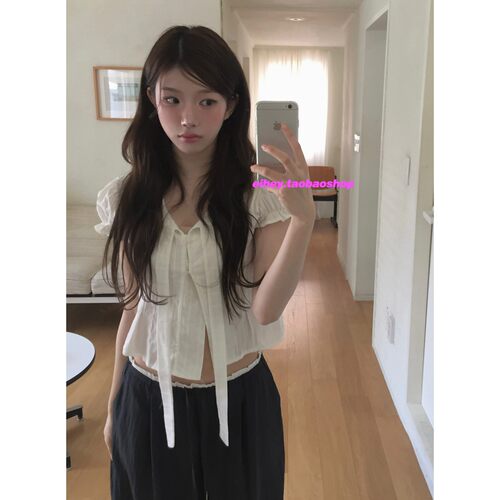 eihey诶嘿韩系简洁气质系带泡泡袖衬衫短款法式绑带上衣女小个子