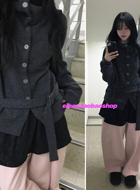 eihey诶嘿个性设计感绑带高领纽扣针织衫长款开衫上衣宽松外套女