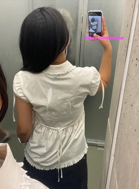 eihey诶嘿夏季纯色风琴褶结构甜美气质娃娃领泡泡袖短袖衬衫上衣