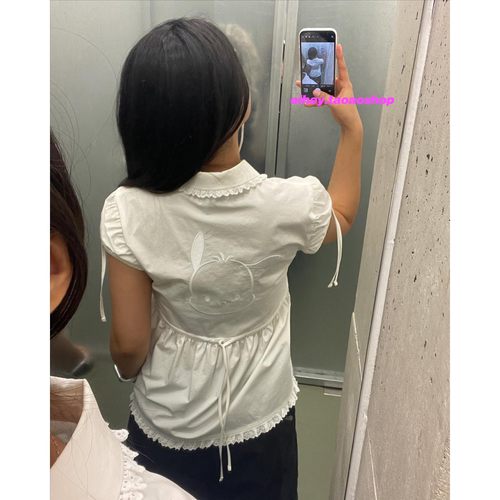 eihey诶嘿夏季纯色风琴褶结构甜美气质娃娃领泡泡袖短袖衬衫上衣