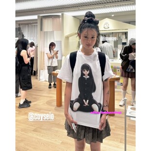 eihey诶嘿coyseio卡通漫画少女印花白色短袖T恤宽松休闲百搭上衣