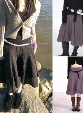 eihey诶嘿秋季新款韩系复古起泡格纹百搭半身裙褶皱百搭中长裙女