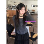 eihey诶嘿拼接条纹假两件长袖 围脖上衣女韩系复古针织打底衫 内搭