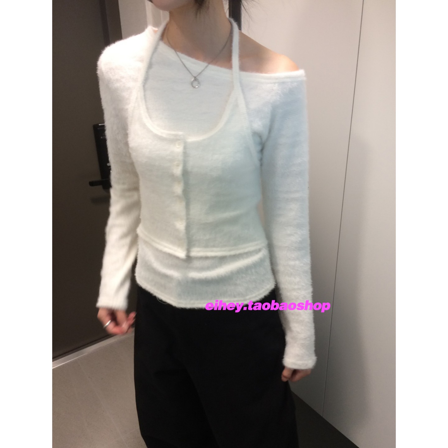 eihey诶嘿毛绒舒适假两件拼接挂脖针织衫女设计感叠穿打底上衣女