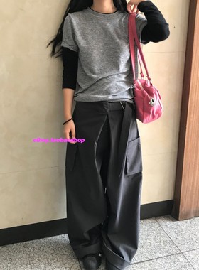 eihey诶嘿2026新款飘带褶皱口袋宽松休闲百搭时髦工装裤阔腿裤女