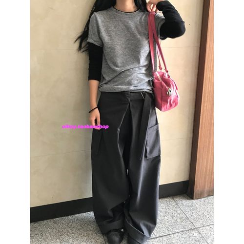 eihey诶嘿2025新款飘带褶皱口袋宽松休闲百搭时髦工装裤阔腿裤女