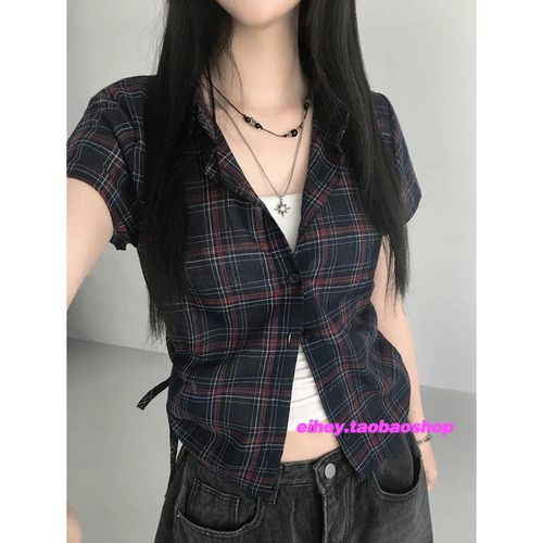 eihey诶嘿复古格纹收腰短袖衬衫日系学院风休闲翻领修身短款上衣