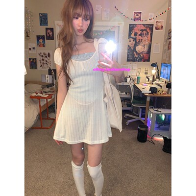 eihey诶嘿2026日系温柔复古软糯螺纹可叠穿设计百搭短袖连衣裙女