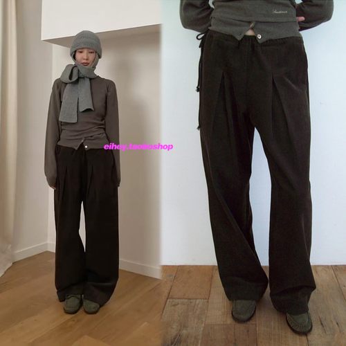 eihey诶嘿冬季新款复古抽绳宽松百搭灯芯绒休闲裤系带拖地长裤女