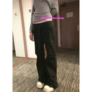eihey诶嘿古早感拼接撞色显瘦抽绳系带微喇叭简约休闲拖地长裤女