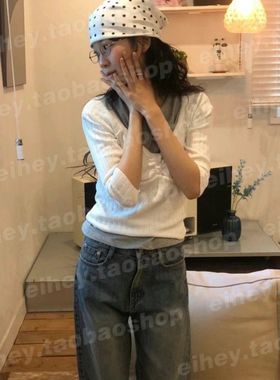 eihey诶嘿软妹风螺纹气质简约低领系扣褶皱百搭七分袖T恤上衣女