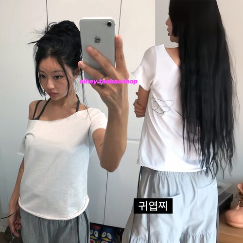 eihey诶嘿夏季新款正反两穿复古少女斜领漏肩上衣翅膀印花短袖T恤