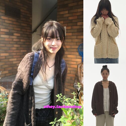 eihey诶嘿秋季复古日系少女提花镂空娃娃领宽松长袖针织开衫外套