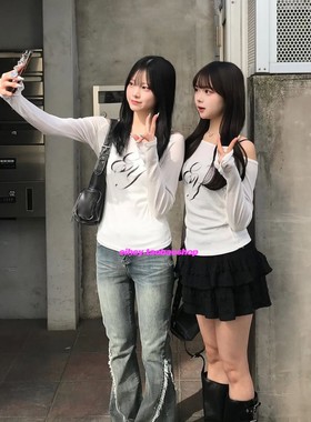 eihey诶嘿辣妹斜肩短款印花长袖T恤女修身显瘦微透打底衫上衣女