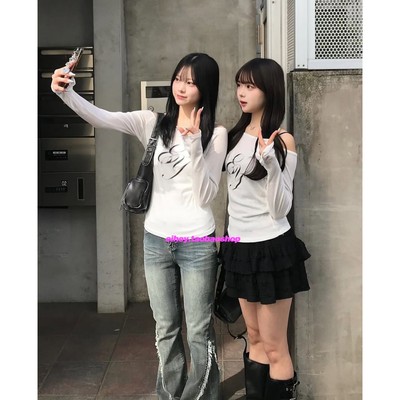 eihey诶嘿辣妹斜肩短款印花长袖T恤女修身显瘦微透打底衫上衣女