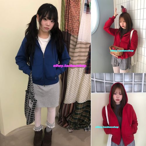 eihey诶嘿秋季复古红色短款外套时尚显瘦休闲运动连帽拉链卫衣女