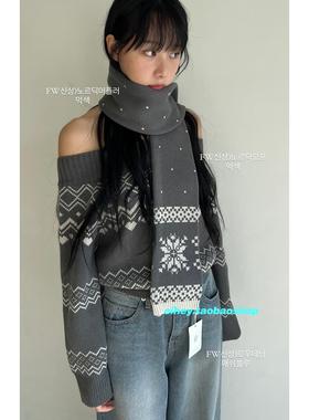 eihey诶嘿2026氛围感百搭针织一字肩雪花波纹宽松毛衣搭配围巾女