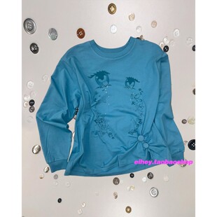 T恤 眼睛造型印花褶皱花边圆领长袖 eihey诶嘿25秋季 可爱少女哭泣