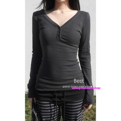 eihey诶嘿秋季灰色纽扣V领百搭气质收腰T恤显瘦高级打底衫上衣女