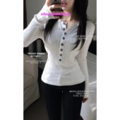 上衣女 打底衫 eihey诶嘿26早春韩系修身 气质纽扣显瘦坑条针织长袖