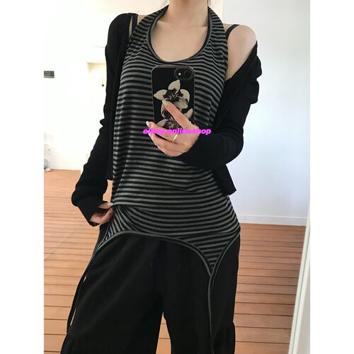 eihey诶嘿日系轻亚风条纹设计飘带叠穿层次感挂脖露背上衣背心女