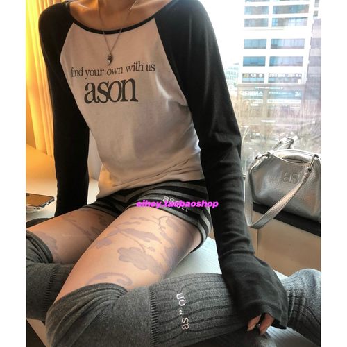 eihey诶嘿字母印花薄款面料拼色插肩袖圆领打底衫上衣长袖T恤女