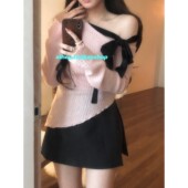 eihey诶嘿不规则绑带斜肩长袖 小上衣女 纯欲短款 针织衫 设计感修身