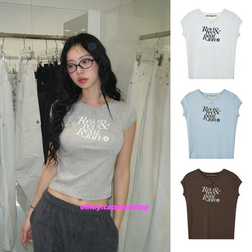 eihey诶嘿赵露思同款正肩纽扣修身圆领字母印花短款显瘦短袖上衣