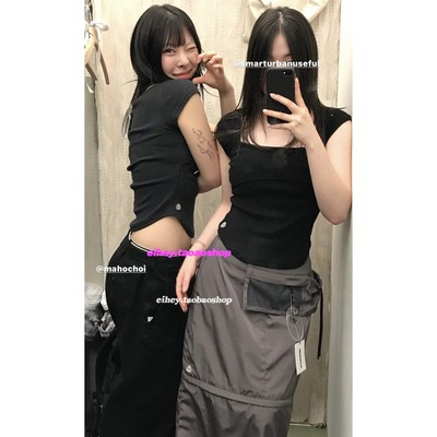 eihey诶嘿极简方领短款假抹胸设计辣妹修身百搭方领正肩短袖T恤女