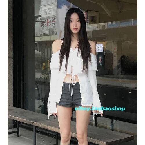 eihey诶嘿纯欲风吊带露肩褶边花边绑带性感漏肩衬衫设计感上衣女