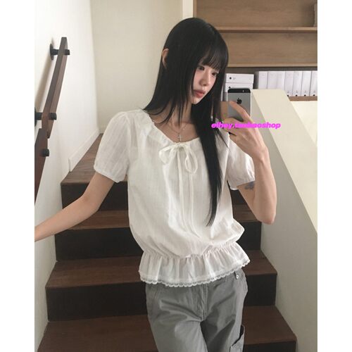 eihey诶嘿甜美风压褶纯色短袖衬衫女夏季系带减龄花边收腰上衣女