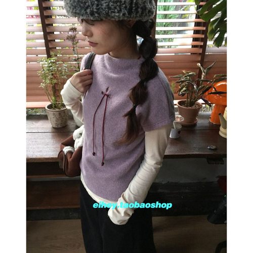 eihey诶嘿镂空串珠系带设计感小飞袖上衣半高领短袖百搭时尚T恤女