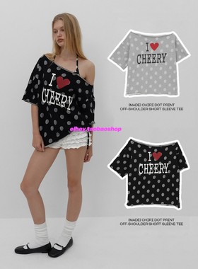 eihey诶嘿26夏季字母圆点印花露肩斜肩性感宽松短袖卷边慵懒风T恤