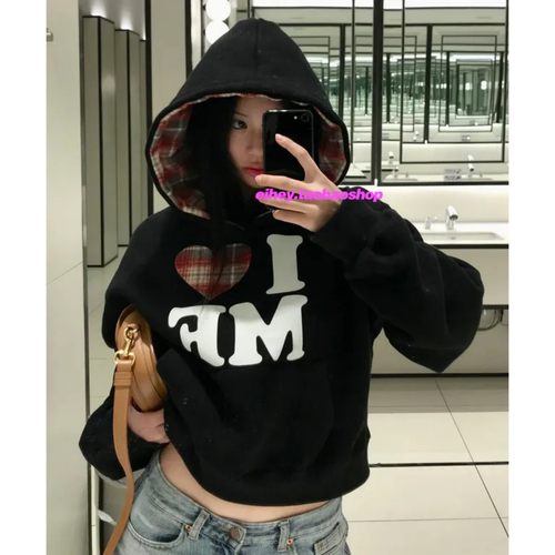 eihey诶嘿秋冬韩系爱心格纹加绒连帽卫衣女松弛宽松外套帽衫上衣