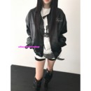 eihey诶嘿2025秋冬美式 夹克pu皮衣外套 复古做旧铆钉钉珠设计长袖