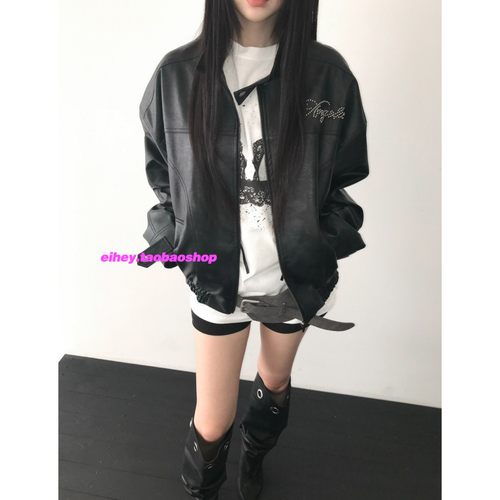 eihey诶嘿2025秋冬美式复古做旧铆钉钉珠设计长袖夹克pu皮衣外套