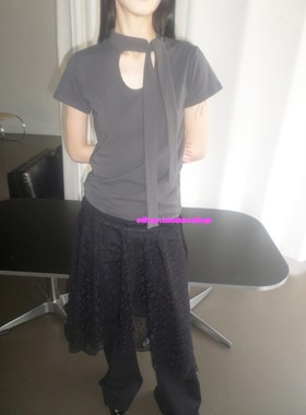 eihey诶嘿小众个性设计夏季新款绑带领口镂空设计感弹力显瘦短袖