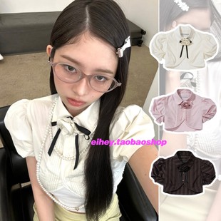 eihey诶嘿新款韩系立体玫瑰花装饰泡泡袖超短露脐甜酷衬衫上衣女