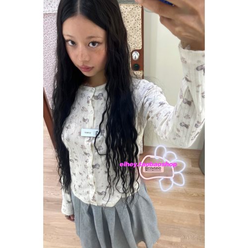 eihey诶嘿春季复古日系可爱娃娃印花纽扣休闲显瘦百搭长袖T恤上衣