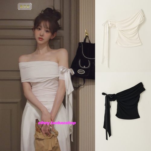 eihey诶嘿夏季款设计感不规则斜肩带飘带露肩个性修身T恤衫短袖女