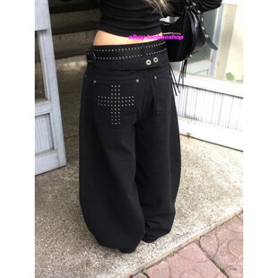 eihey诶嘿26新款 阔腿裤 长裤 女 帅气暗黑风铆钉十字宽松弯刀休闲裤