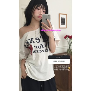 复古爱心字母斜领露肩宽松短袖 eihey诶嘿韩系夏季 T恤简约显瘦上衣