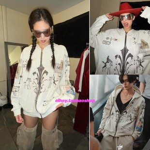 eihey诶嘿jennie同款 设计感重工涂鸦印花连帽卫衣宽松百搭薄外套