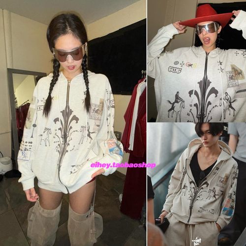 eihey诶嘿jennie同款设计感重工涂鸦印花连帽卫衣宽松百搭薄外套