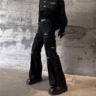 长裤 牧羊帅结构设计拼接皮垂感休闲西裤 男高街机能重金属阔腿工装