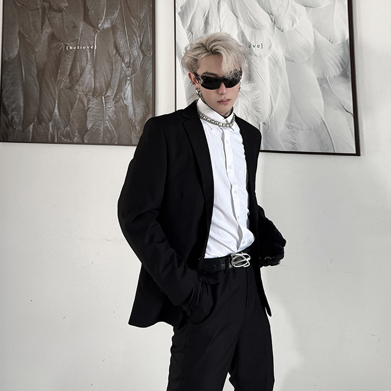 牧羊帅 高级感黑色修身西装二件套男痞帅无开叉垫肩休闲西服套装