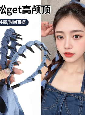 夏日清凉感麻花结甜辣少女全扎齿梳飘带发箍百搭牛仔飘带发带